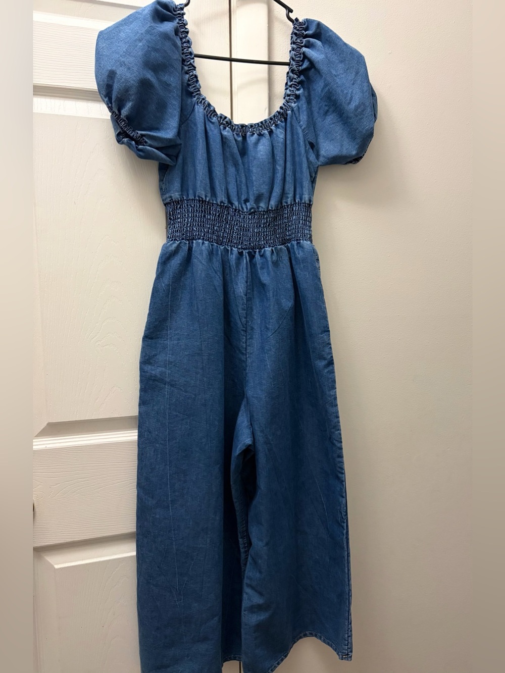 Women Blue Denim Jumpsuit with Smocked Waist